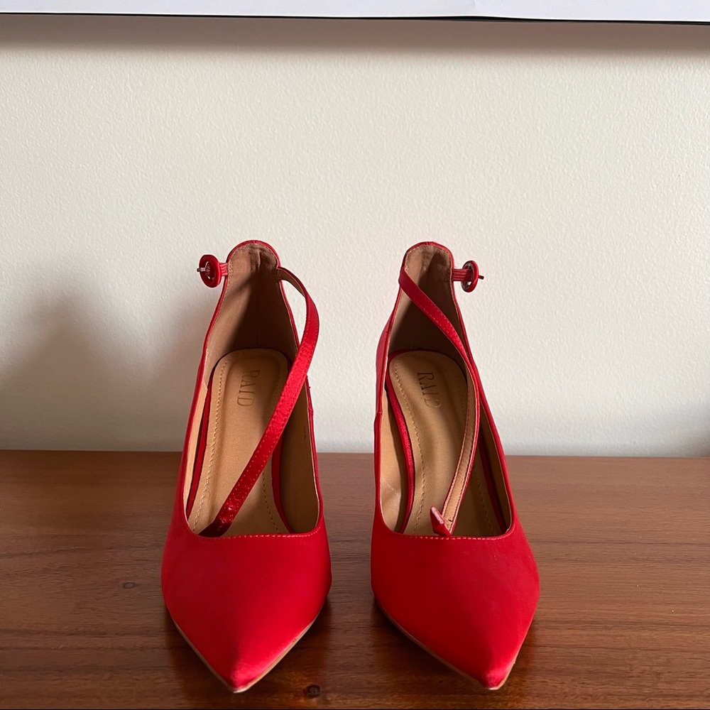Red faux satin heels